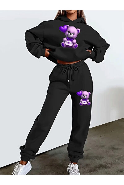 Flow touch Black Fleece-Lined Hooded Tracksuit Set with Elastic Cuffs