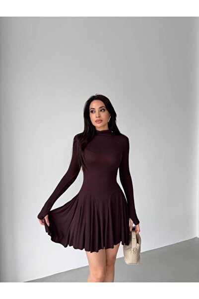 Evim Sepeti High Neck Long Sleeve Mini Dress with Flared Skirt – Premium Stre...