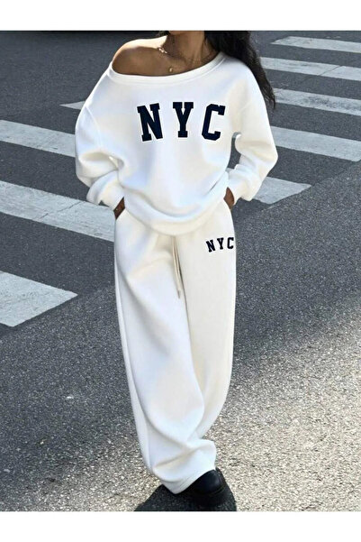 npLStore Women's Nyc Printed Boat Neck Sweatshirt Sweatpants Two Piece Bottom...