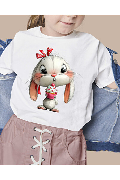 F17 Ajans Kurdeleli Sevimli Tavşan Baskılı %100 Pamuk Sıfır Yaka Kız Çocuk Ti...