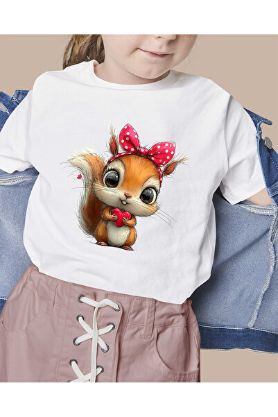F17 Ajans Slatka veverica sa mašnom Štampano 100% pamuk majica za devojčice s...