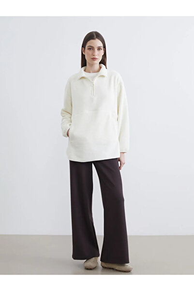 LC Waikiki Lcw Modest Ecru Mock Neck Oversized Women's Fleece Sweatshirt