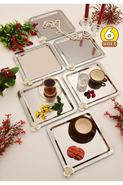 Fico Home 6’lı Takım Paslanmaz Kare Kahve Ve Çok Amaçlı Sunum Tepsisi Çay Ser...