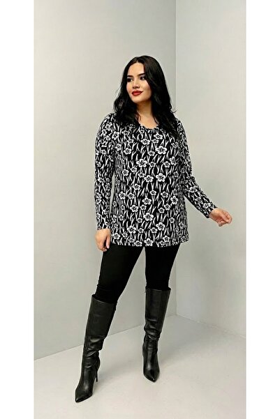 THEBEK Yumoş Velvety Suede Patterned Blouse Black and White Pattern