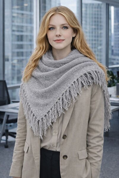 HAZAL KAYA ATELIER Gray Tasseled Viscose Fabric Triangle Women's Shawl 80X180 cm