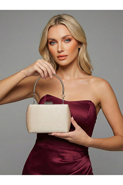 Biçanta Beige Luxury Suede Crystal Stone Metal Handle Chain Women's Evening D...