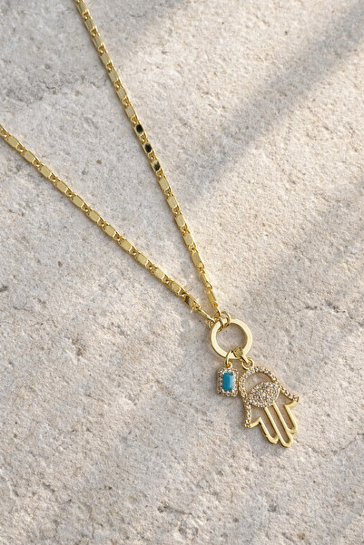 Owentis Gold Pullu Zincir Mavi Taş Fatma Ana Eli Tasarım Uzun Runne Kolye -ka...