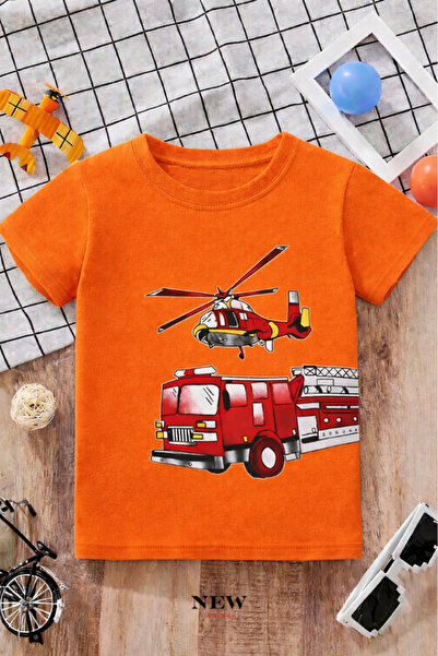 New Shine تي شيرت للأطفال مطبوع عليه شاحنة إطفاء للجنسين