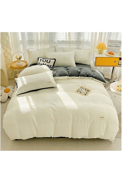 OEM Lenjerie de pat din 4 piese, Tesatura in Relief, 100% Bumbac, Duo Alb + Gri, 200×230 cm