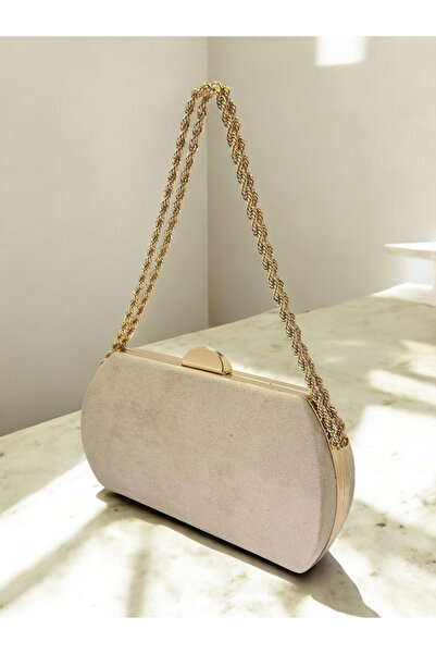 Biçanta Beige Gold Luxury Suede Crystal Stone Metal Handle Chain Women's Even...
