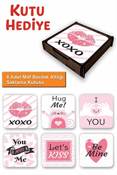 UNT Set of 6 Mdf Coasters with Storage Box – Decorative Valentine's Day Themed