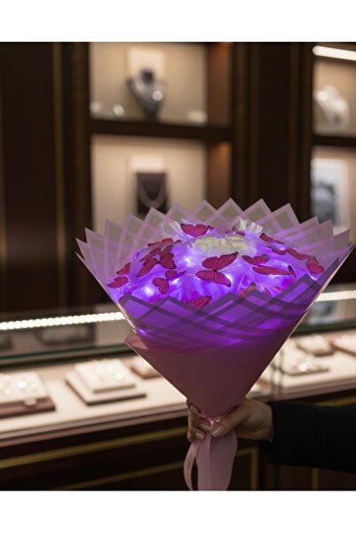 vibecomtr Mor LED Işıklı Kelebekli Beyaz Gül Buketi – Büyük Boy Solmayan Işık...