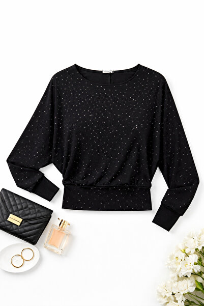 AYDENIZ Kadın Siyah Taşlı Yarasa Kol Yuvarlak Yaka Şık Bluz