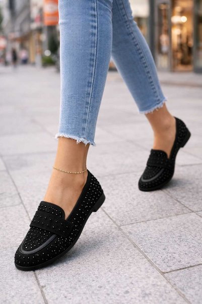 Macelife Women's Black Stone Detailed Suede Elegant Ballerinas