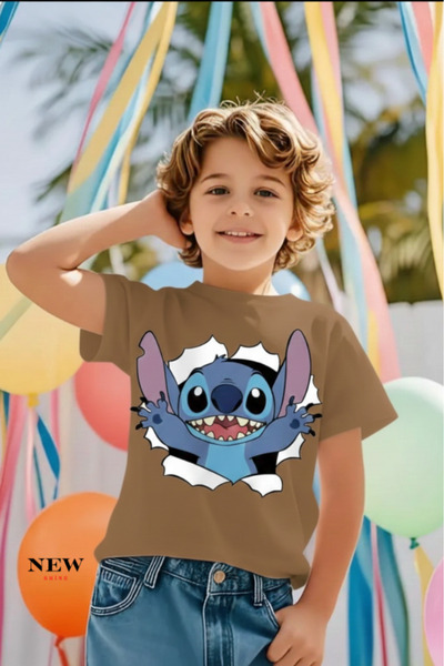New Shine تي شيرت مطبوع عليه ستيتش للأطفال من الجنسين
