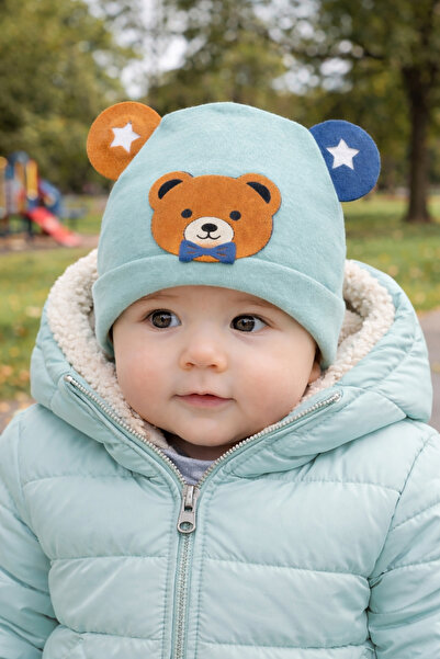 Atlas Baby House Baby Boy Bear-Eared Themed Mint Green Cotton Beanie