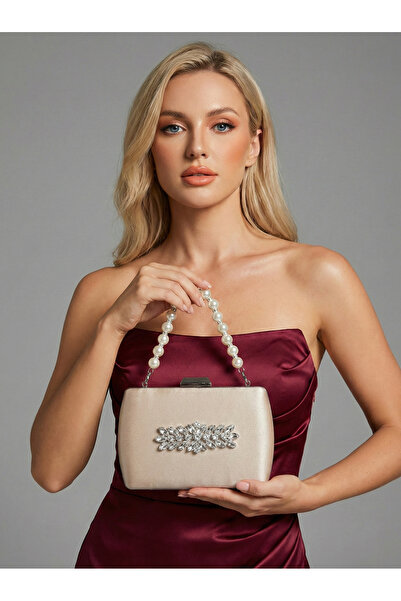 Biçanta Beige Luxury Suede Crystal Stone Metal Handle Chain Women's Evening D...