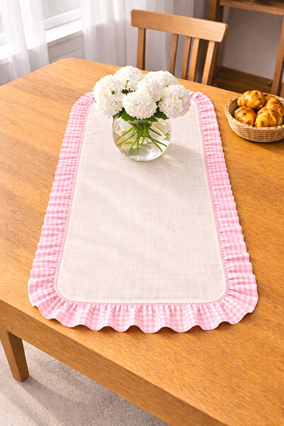 ŞAH TEXTILE DESIGN pötikare fırfır detaylı yıkanmış premium keten runner 40x110