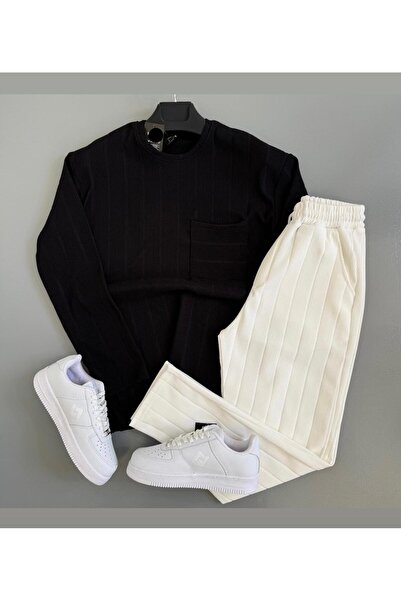 WENMİNG Men's Ottoman Fabric Crew Neck Top and Bottom Set