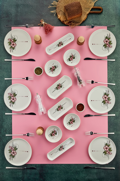 ers erbaşlar Pera Pembe Çiçekli 14 Parça 6 Kişilik Lüx Kahvaltı Takımı, Kahva...