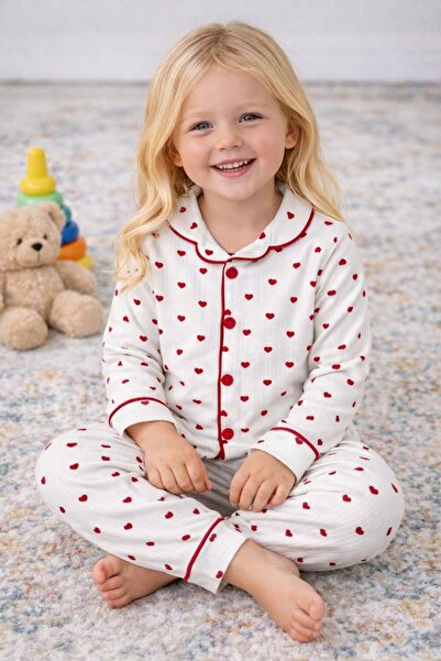 My Babies Label طقم بيجامة قطنية للفتيات بنمط قلب من الأعلى والأسفل