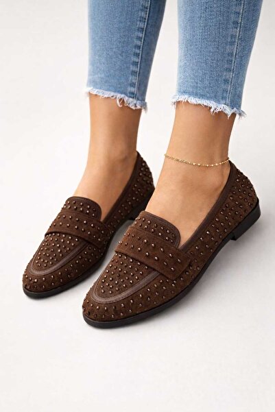 Macelife Women's Brown Stone Detailed Suede Elegant Ballerinas