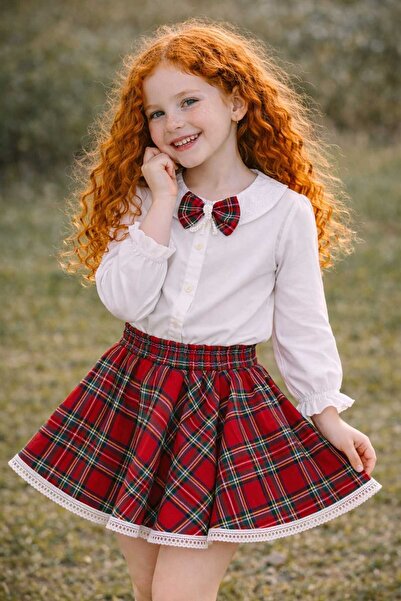 BEBEĞİME ÇORAP Girl's Scallop Collar Shirt and Lace Detailed Plaid Skirt Set