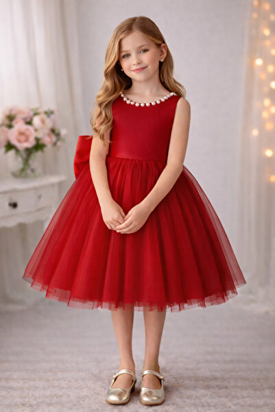 SUNEH Menekşe Model Yaka İncili Kız Çocuk Elbise Saten Üst, Kabarık Hayal Tül...