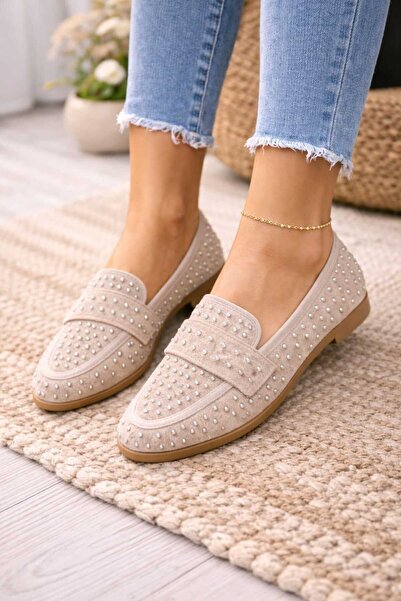 Macelife Women's Beige Stone Detailed Suede Elegant Ballerinas