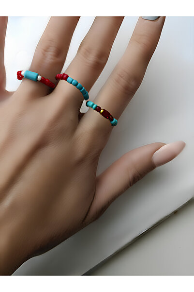 chibi 3-Piece Blue & Red Crystal Bead & Cylinder Turquoise Stone Flexible Rin...