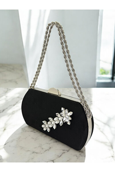 Biçanta Black Luxury Suede Crystal Stone Metal Handle Chain Women's Evening D...