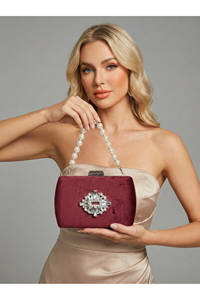 Biçanta Бургунди луксозна велурена чанта с кристали и метална дръжка за жени,...