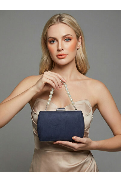 Biçanta Navy Blue Luxury Suede Crystal Stone Metal Handle Chain Women's Eveni...
