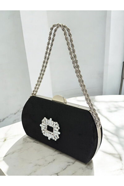 Biçanta Black Luxury Suede Crystal Stone Metal Handle Chain Women's Evening D...