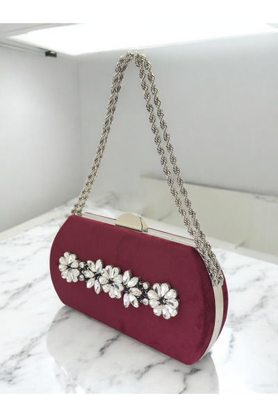 Biçanta Burgundy Luxury Suede Crystal Stone Metal Handle Chain Women's Evenin...