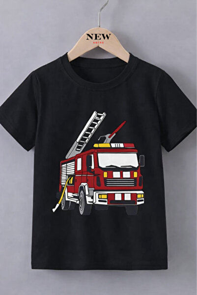 New Shine تي شيرت للأطفال مطبوع عليه شاحنة إطفاء للجنسين