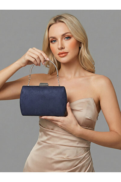 Biçanta Navy Blue Luxury Suede Crystal Stone Metal Handle Chain Women's Eveni...