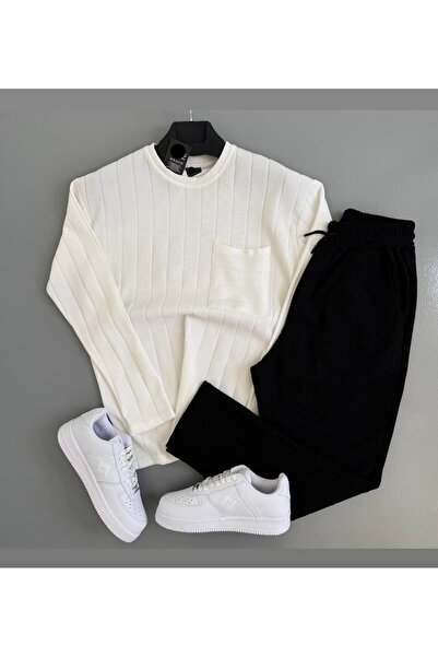 WENMİNG Men's Ottoman Fabric Crew Neck Top and Bottom Set