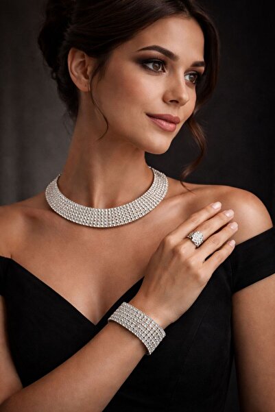 MİHRES Zirkon Taşlı Gümüş Set Kolye Bileklik Yüzük 3'lü set Abiye Nişan Düğün...