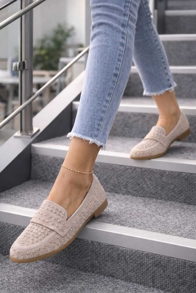 Macelife Women's Beige Stone Detailed Suede Elegant Ballerinas
