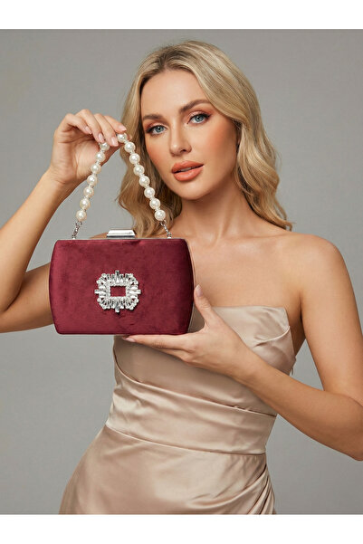 Biçanta Бургунди луксозна велурена чанта с кристали и метална дръжка за жени,...