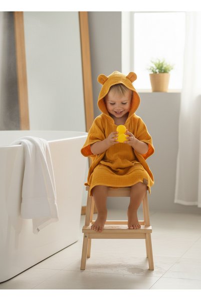 Mujo Baby&Kids Organic Cotton Muslin Children's Poncho Towel |   Hooded |   Ear Detailed |   1-6 Years Old |   9 Colors