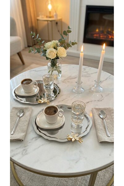 FABRIONA 2’lı Paslanmaz Çelik Oval Mini Papatyalı Çay Kahve Sunum Söz Nişan Tepsisi Gold & Gümüş 20x25 cm