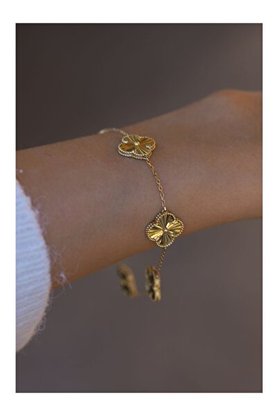 Yenigün Kuyumculuk 14 Ayar Altın Işıltılı Beşli Yonca Bileklik