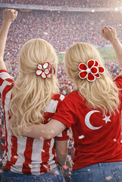 Monalisa Kadın Kırmızı Beyaz Papatya 2'Li Mandal Toka Set Büyük Boy 9 CM