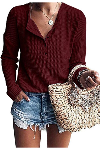 WNEEDU Women's loose blouse, breathable sweater, V-neck with buttons, burgundy M