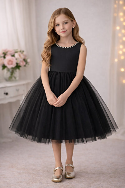 SUNEH Menekşe Model Yaka İncili Kız Çocuk Elbise Saten Üst, Kabarık Hayal Tül...