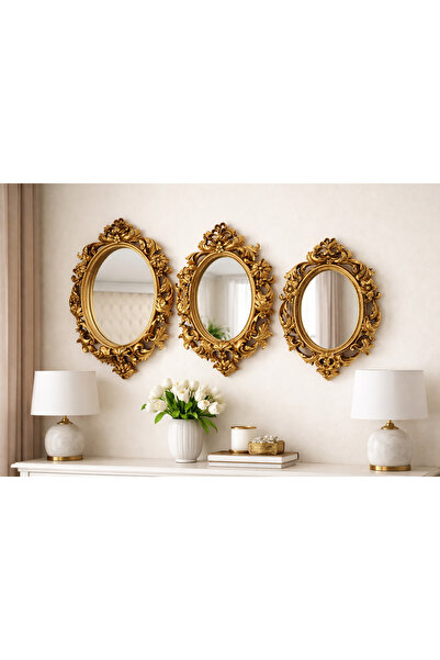 RÖNESANS HEDİYELİK Barok Stil Oymalı Altın Renk 3’lü Dekoratif Ayna Seti