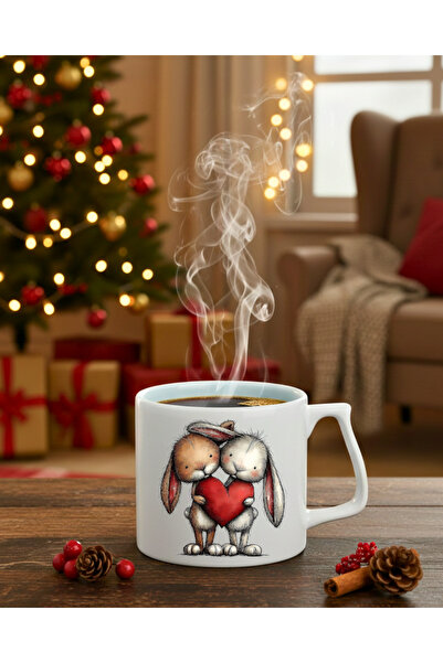 Finka Dekor كوب أبيض بتصميم قلب الأرانب اللطيفة - خاص بعيد الحب
