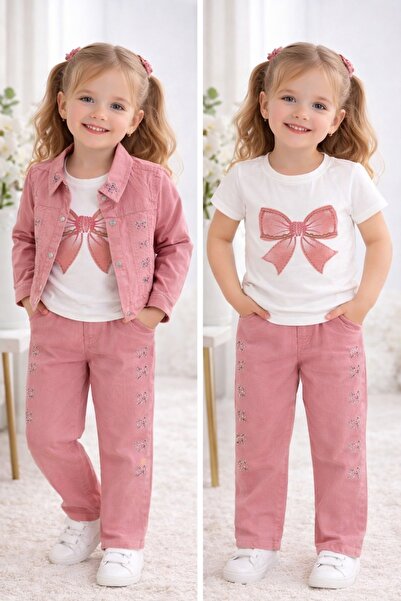 Universal PEMBE CEKETLİ KURDELA DETAYLI KIZ ÇOCUK 3'LÜ BAYRAMLIK TAKIM